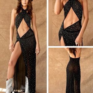 12th Tribe Black Halter Maxi Dress with Silver Rhinestone Accents